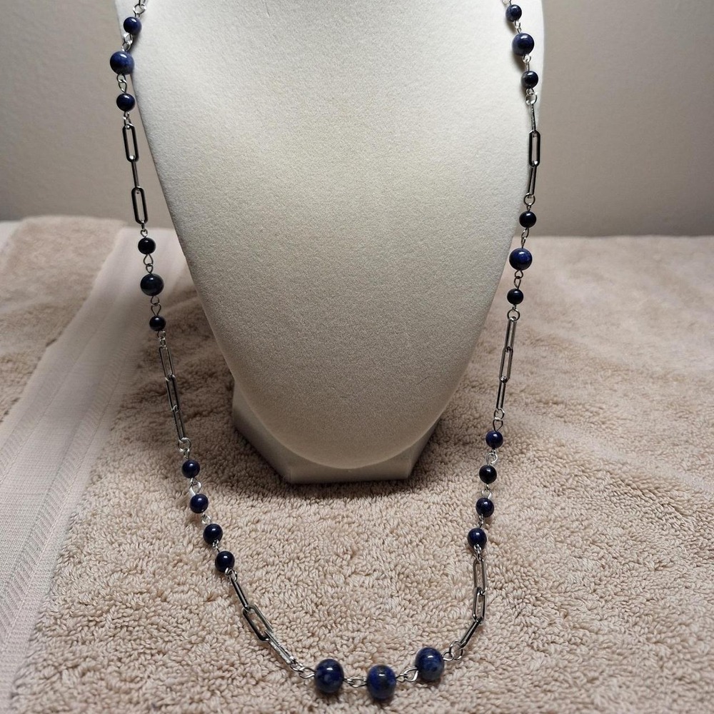 Paper clip necklace lapis bead station stainless steel